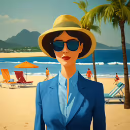 a painting of a woman in a suit and hat,an illustration of a woman wearing sunglasses and a sun hat
