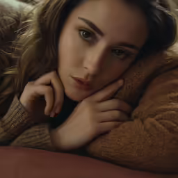 a young woman with long brown hair wearing a sweater and sitting on a bed