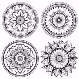 four circular ornaments, one with a flower in the middle