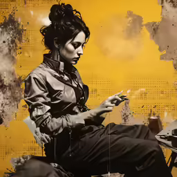 the woman in the black coat is sitting with her cell phone