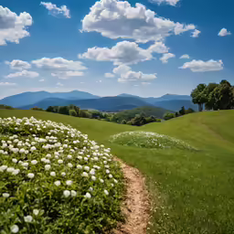 a dirt trail leads up to white flowers on a grassy hill