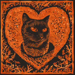 a painting with a black cat in a heart - shaped frame