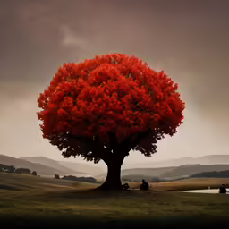 a tree with red flowers in the middle of a field