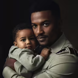 an officer is holding a baby boy in his arms