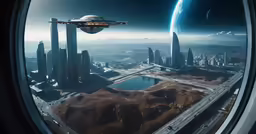 a space station overlooks the city of a floating island