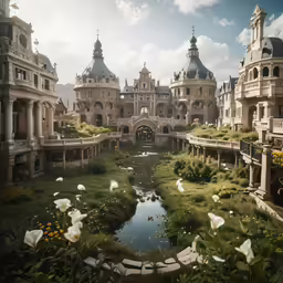 the image depicts a large stone building and river