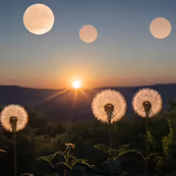 some dandelions are in front of the setting sun