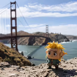a toy of naruto stands on the rocks below the golden gate bridge