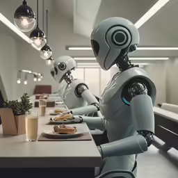 a robot eating a meal next to a table