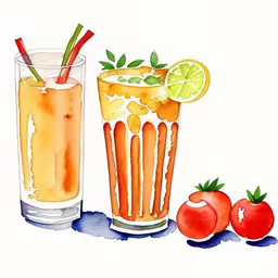 a painting of glasses with drinks and tomatoes,a couple of glasses of drinks sitting next to each other