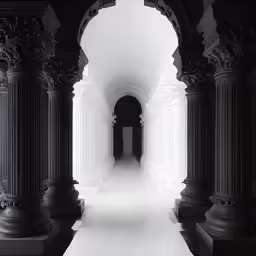 a long corridor between two pillars with columns