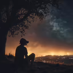 a person sits under a tree in the evening