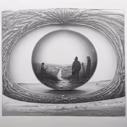 a couple are walking through a surreal landscape