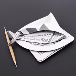 a pile of money on top of a napkin next to a fork and knife