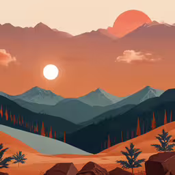 a painting of a mountainous mountain with sunset in the background,a stylized image of a beautiful mountain range with sunset