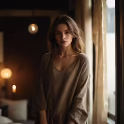 the girl poses by the window in a cozy room