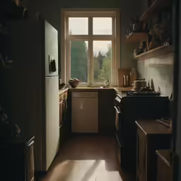 a kitchen with a view of the trees outside