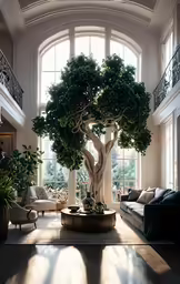 a living room filled with a tree and two couches