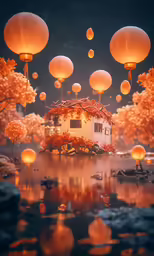colorful scenery with floating lanterns and a house