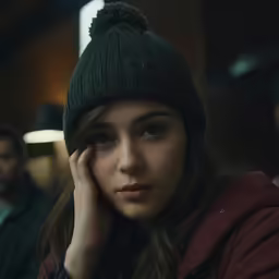 a woman wearing a beanie in a dark room with a man