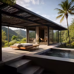 a patio with a large bed next to it and a pool