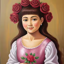 a painting of a woman with roses in her hair,painting of a girl in a red dress