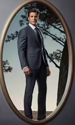 the man is standing under a tree with his suit on