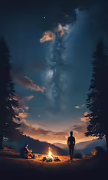 the man is standing by the campfire near a tent with a view of the night sky