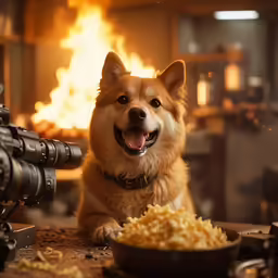 the dog is sitting by a bowl of food