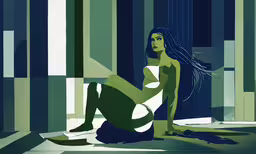 a woman in green is sitting on the floor,a woman is seated while she