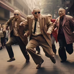 a man with sunglasses and a coat in front of some men,a group of men dance in the street