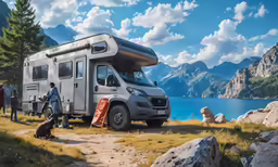 a van parked by a lake with some people standing around it