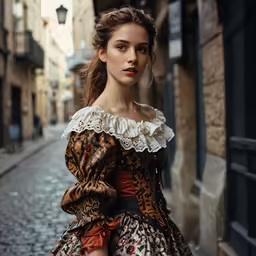 a woman in an ornate outfit stands on a street
