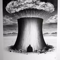 a man sits in front of a large tower of things in the air