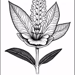 the flower with leaves drawing photo3,the flower is a drawing that depicts a branch with leaves and flowers,a drawing of a flower on a white background,a flower with lots of leaves and a single flower on the center,flowers and leaves drawn in black and white ink on paper