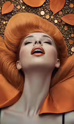 an orange haired woman in a headscarf with her hair blowing