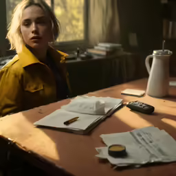 a woman sitting at a table with paper work and calculator