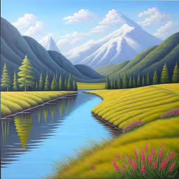landscape painting with mountains and trees and water,painting of a stream near some mountains
