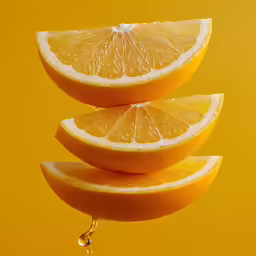 an orange slices are being placed in a yellow background