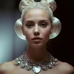 a woman with a statement necklace and ponytails in a hair bun