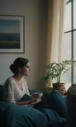 the woman is sitting on a couch holding a cup of coffee