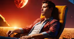a man is sitting in an orange chair while staring to the left,a young person sits in a chair looking at the sun