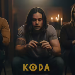 a young man is sitting with the words koda on his arm in front of him