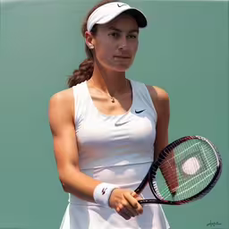 there is a female tennis player posing with her racket,a young woman holding a tennis racquet on a court