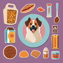 dog on the plate next to various items,a picture of a dog surrounded by food