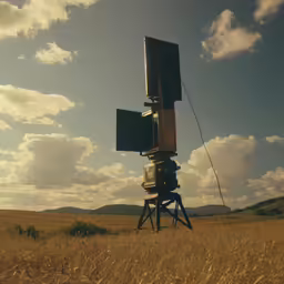 a camera tower made from multiple cameras sitting in a field