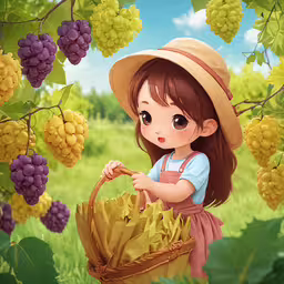 an asian little girl picking grapes in a field,a girl carrying grapes in a field