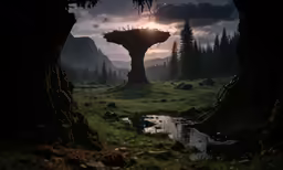 the giant alien ship sits in a wooded area
