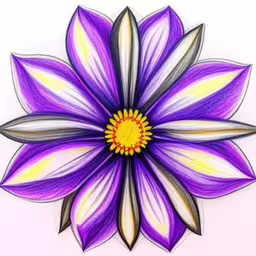 the large purple flower has yellow and white center,an artistic drawing of a large purple flower