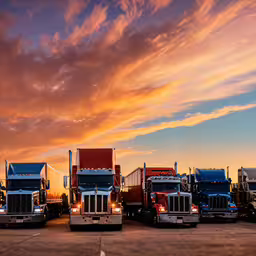 there is a lot of trucks parked next to each other,there are many semi trucks lined up against the sunset